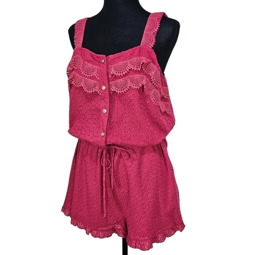 NWT Sperry Cotton Button Down Eyelet & Lace Drawstring Waist Romper Pink Red L